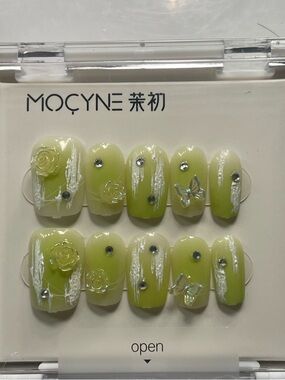 MOCYNE Lime Green Floral Roses, butterflies, & Crystal Accents 24 Press-On Nails